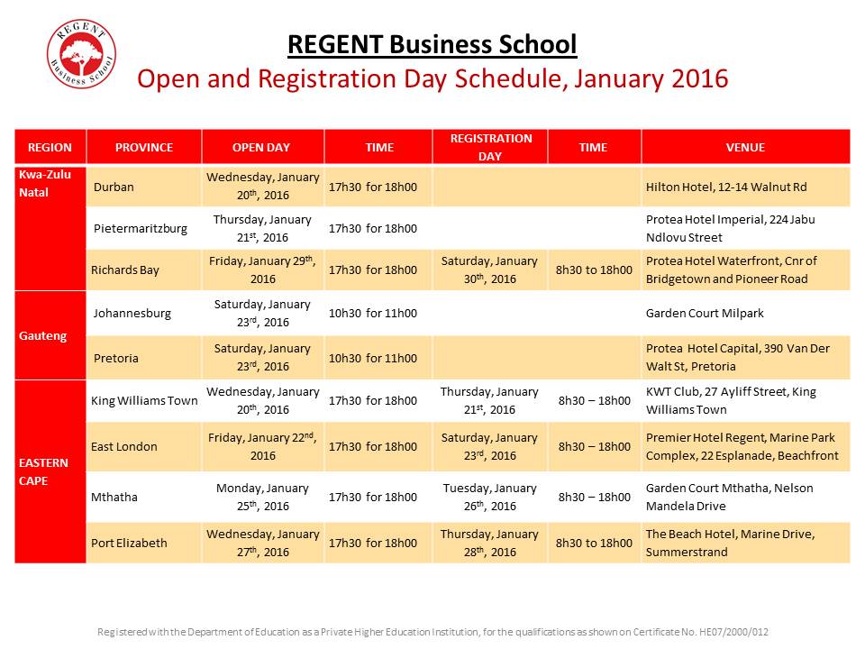Open Day Schedule 2016 REGENT Business School